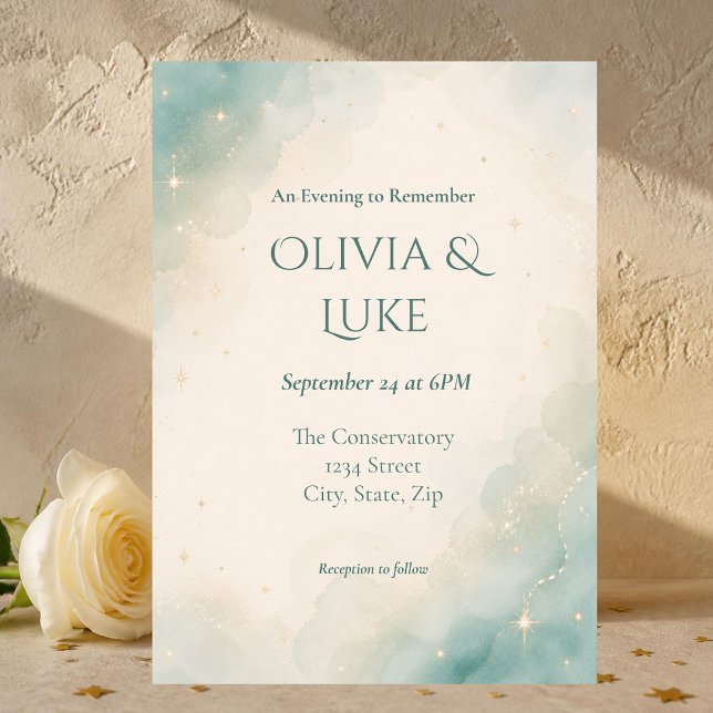 Convite Casamento Celestial Elegante em Verde Sálvia com A (Elegant sage green watercolor wedding invitation with delicate gold stars and romantic celestials)