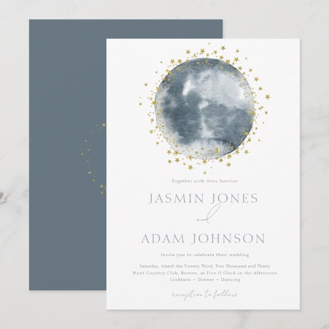 Convite Casamento Celestial Elegante Lua Azul (Frente/Verso)