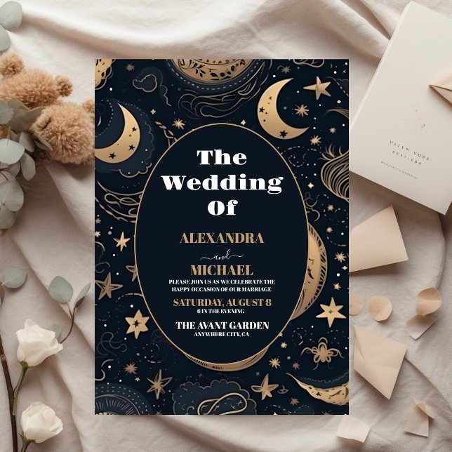 Convite Casamento Celestial em Azul Meia-Noite Dourado (Criador carregado)