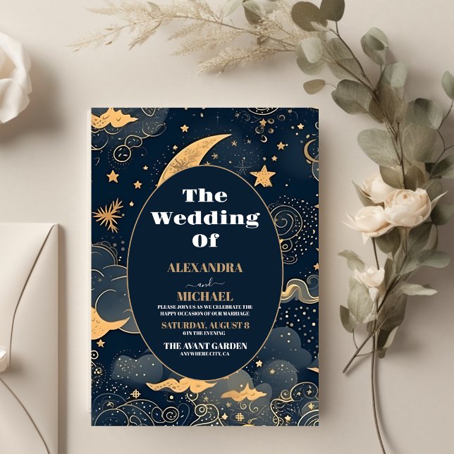 Convite Casamento Celestial em Azul Meia-Noite Dourado (Criador carregado)