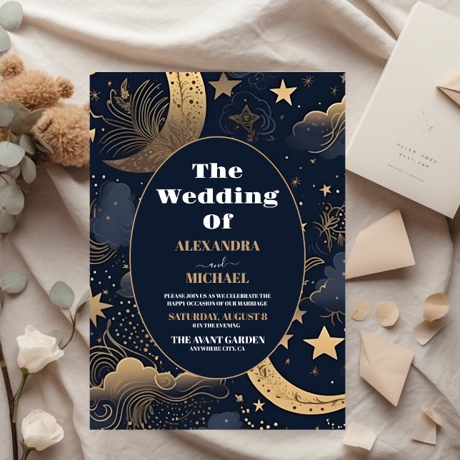 Convite Casamento Celestial em Azul Meia-Noite Dourado (Criador carregado)