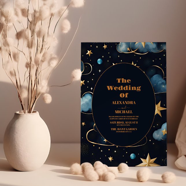 Convite Casamento Celestial Encantador Azul Marinho (Criador carregado)