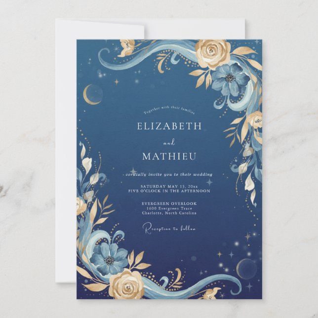 Convite Casamento Celestial Eucalipto Dourado da Meia-Noit (Frente)