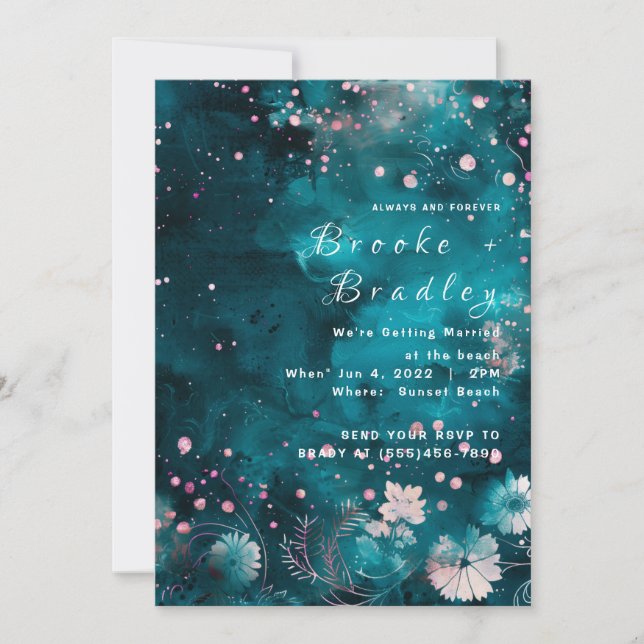 Convite Casamento Celestial Floral com Aquarela Azul (Frente)