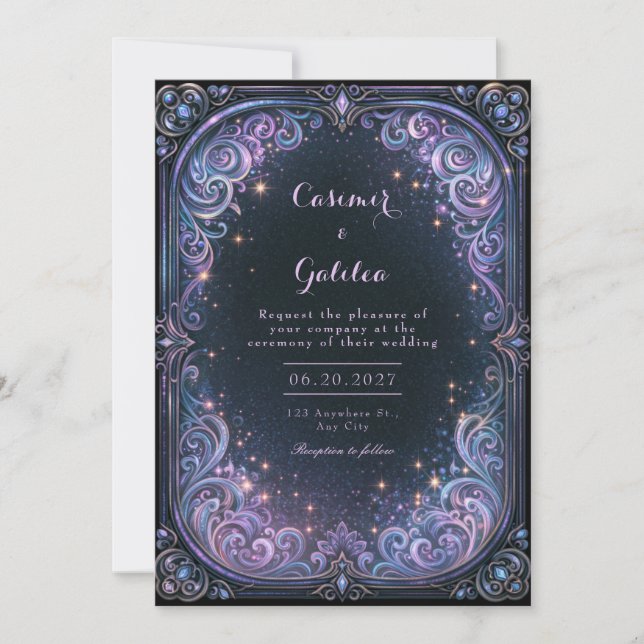 Convite Casamento Celestial Lavanda à Meia-Noite (Frente)