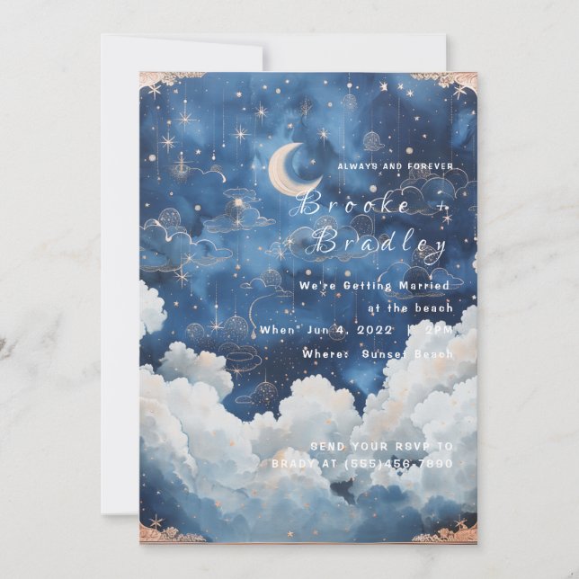 Convite Casamento Celestial Lua Azul Escuro e Nuvem (Frente)
