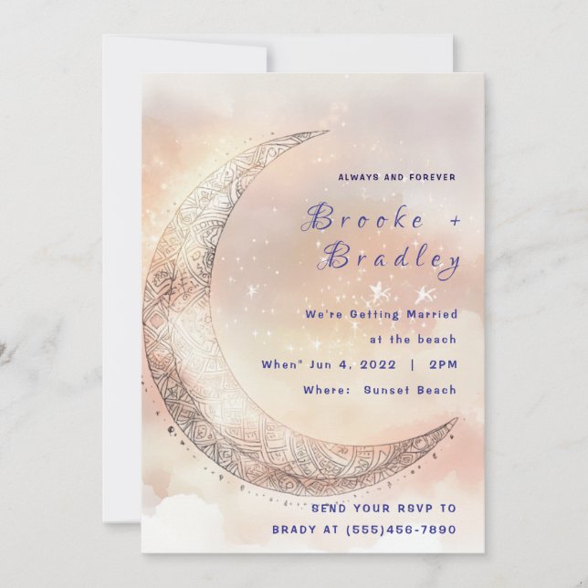 Convite Casamento Celestial Lua Crescente Pastel (Frente)