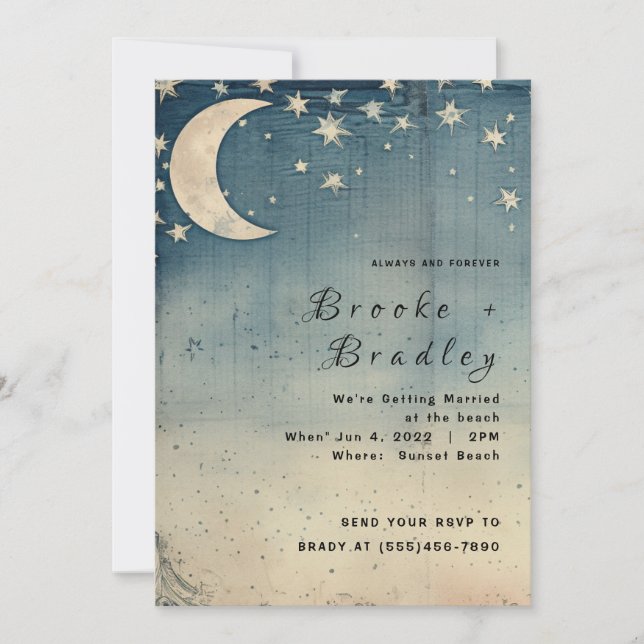 Convite Casamento Celestial Lua Crescente Vintage (Frente)