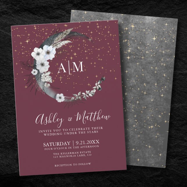 Convite Casamento Celestial Lua Dourada Borgonha (Burgundy Gold Moon Celestial Wedding Invitation )