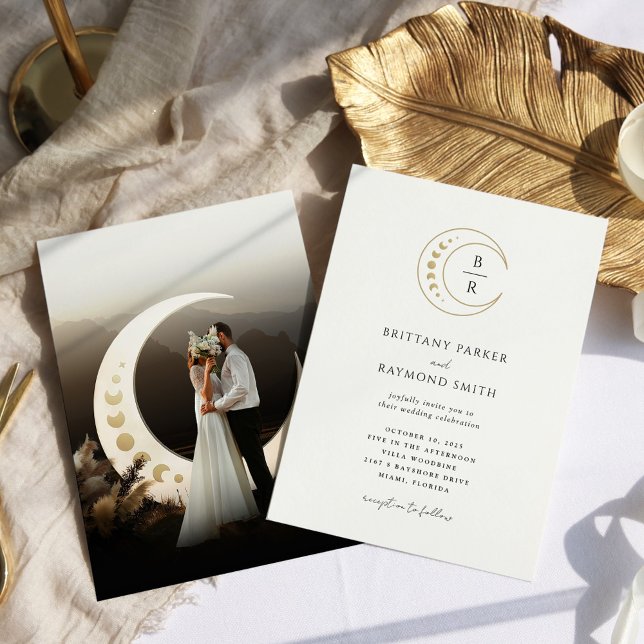 Convite Casamento Celestial Lua Dourada Minimalista (Criador carregado)