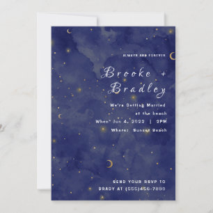 Convite Casamento Celestial Lua e Estrelas Azul Escuro