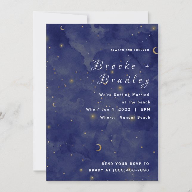 Convite Casamento Celestial Lua e Estrelas Azul Escuro (Frente)