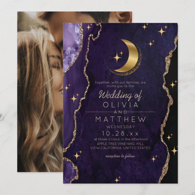 Convite Casamento Celestial Meia-Noite Estrelas Roxas & Lu (Frente/Verso)