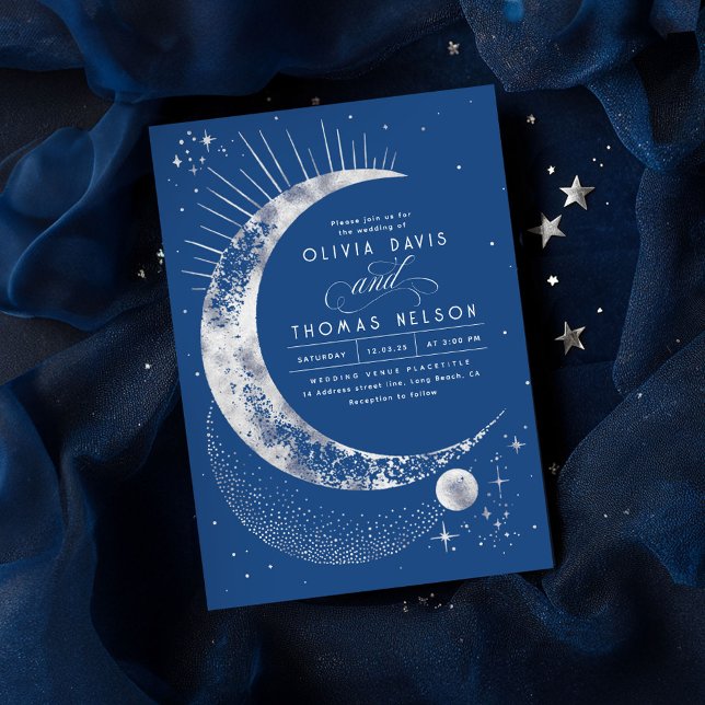 Convite Casamento Celestial Mystical Moon Starry Night Boh (Navy Blue and Silver Celestial Wedding Invitations)