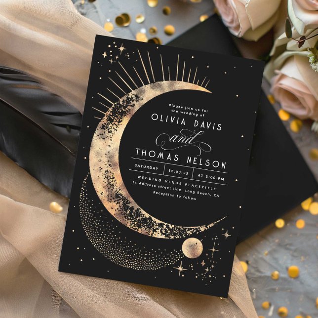 Convite Casamento Celestial Mystical Moon Starry Night Boh (Black Celestial Wedding Invitations)