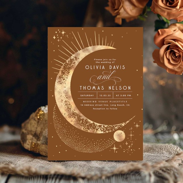 Convite Casamento Celestial Mystical Moon Starry Night Boh (Terracotta Celestial Wedding Invitation)