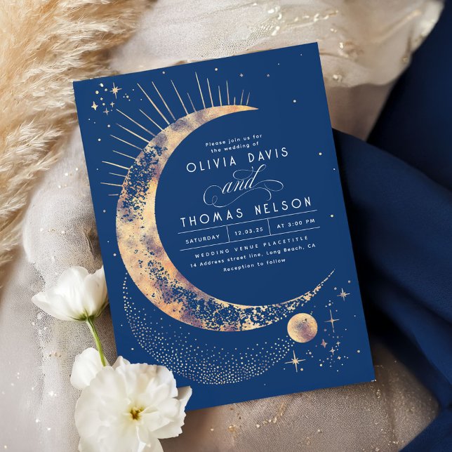 Convite Casamento Celestial Mystical Moon Starry Night Boh (Navy Blue and Gold Stars Wedding Invitation)