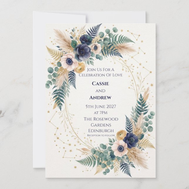 Convite Casamento Celestial Navy Marfim Anêmona Dourado (Frente)