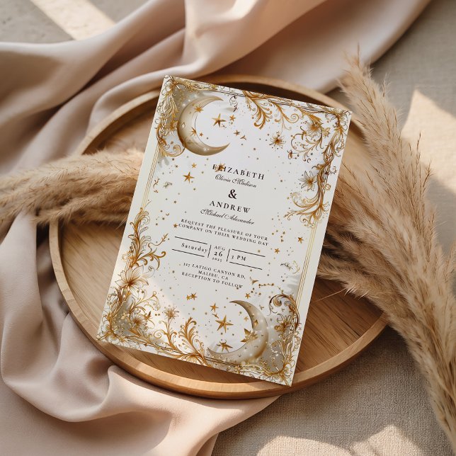 Convite Casamento Celestial Ouro Branco Lua e Estrelas (Criador carregado)