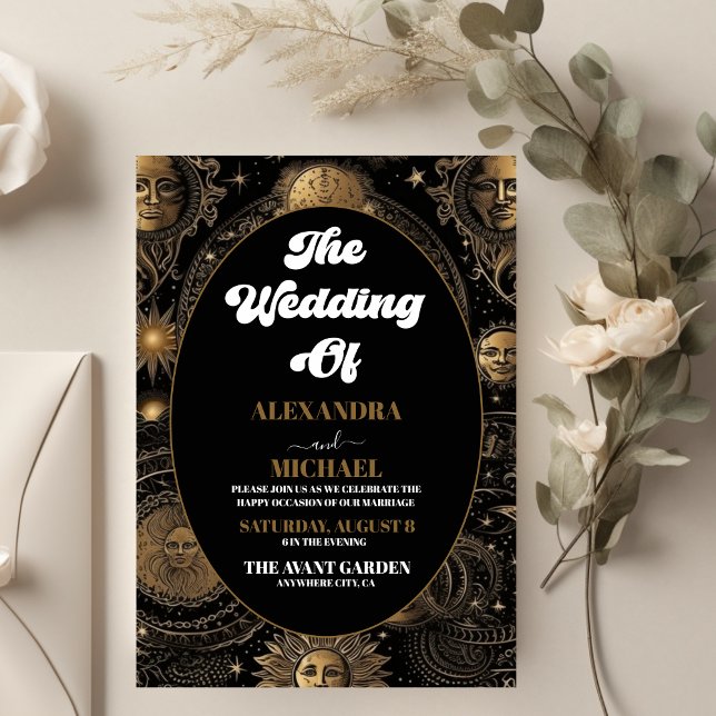 Convite Casamento Celestial Preto e Dourado (Criador carregado)