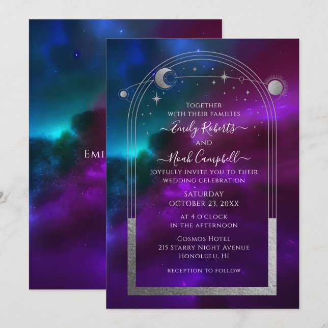 Convite Casamento Celestial Roxo Turquesa Sol Lua Estrelas (Frente/Verso)