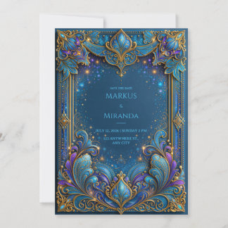 Convite Casamento Celestial Safira Dourada