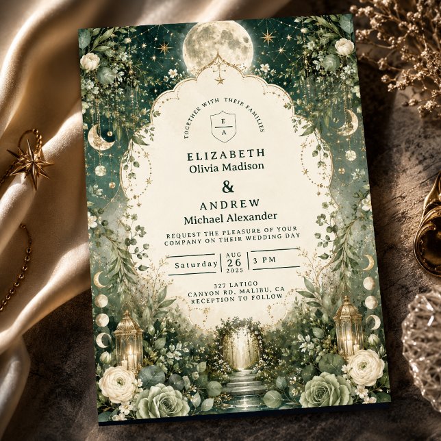 Convite Casamento Celestial Verde Elegante (Criador carregado)