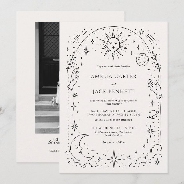 Convite Casamento Celestial Vitoriano Preto e Marfim (Frente/Verso)