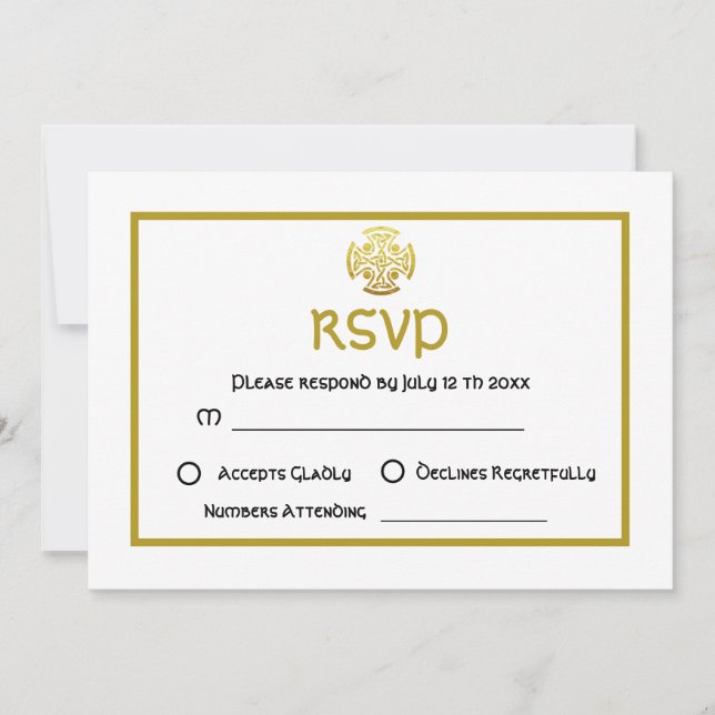 Convite Casamento Celta Falso Ouro Nó Celta Cruz RSVP (Frente)