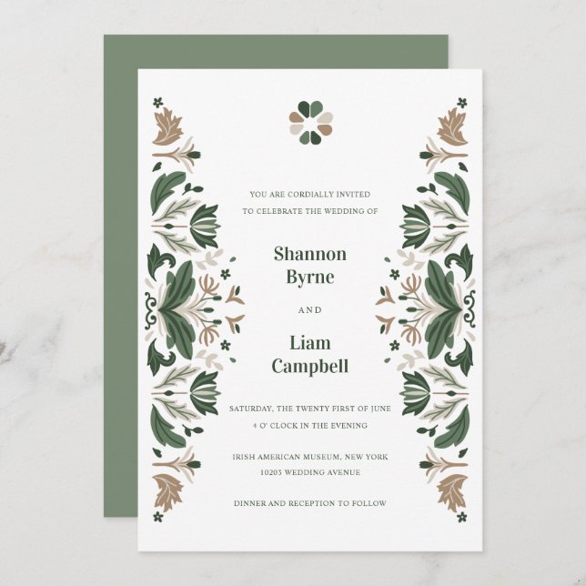 Convite Casamento Celtico com Shamrock Folk Irlandês (Frente/Verso)