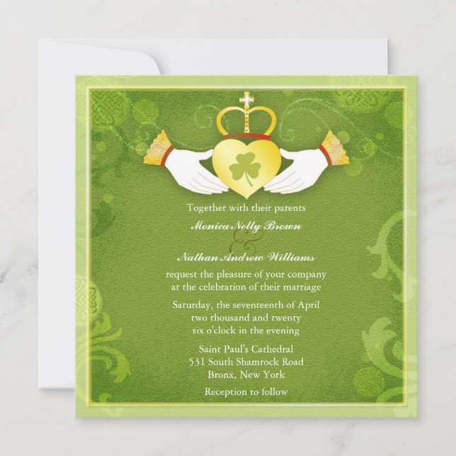 Convite Casamento Céltico Verde-Coração Irlandês Claddagh (Frente)