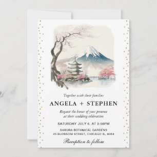 Convite Casamento cênico japonês com aquarela Fuji e Pagod