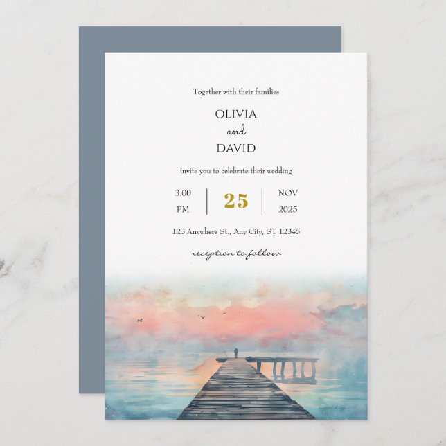 Convite Casamento Cênico Pastel Dawn Pier Art Beach (Frente/Verso)