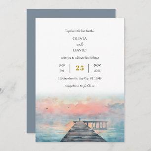 Convite Casamento Cênico Pastel Dawn Pier Art Beach