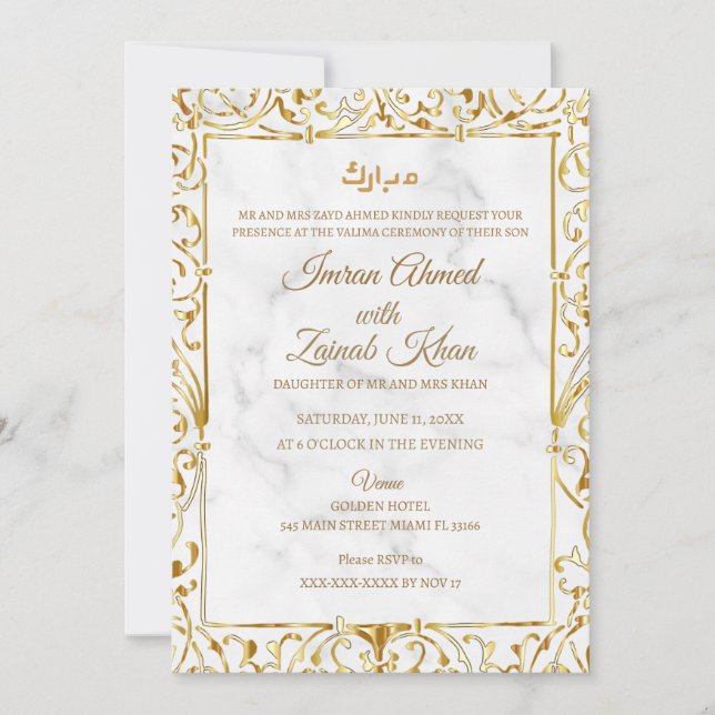 Convite Casamento Cerimônia Valima com Mármore Branco e Re (Frente)
