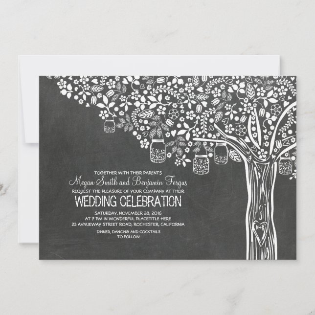 Convite Casamento Chalkboard Floral Tree Mason Jar Lights (Frente)