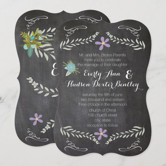 Convite Casamento Chalkboard Mint Lilac Aqua Floral Garlan (Frente/Verso)