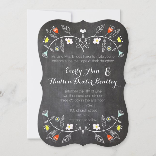 Convite Casamento Chalkboard Mint Orange Floral Garland (Frente)