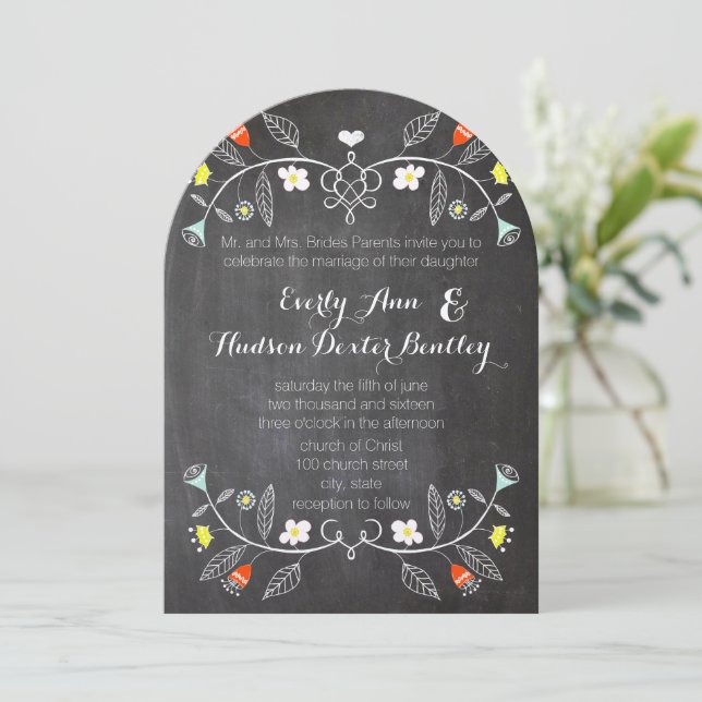 Convite Casamento Chalkboard Mint Orange Floral Garland (Em pé/Frente)