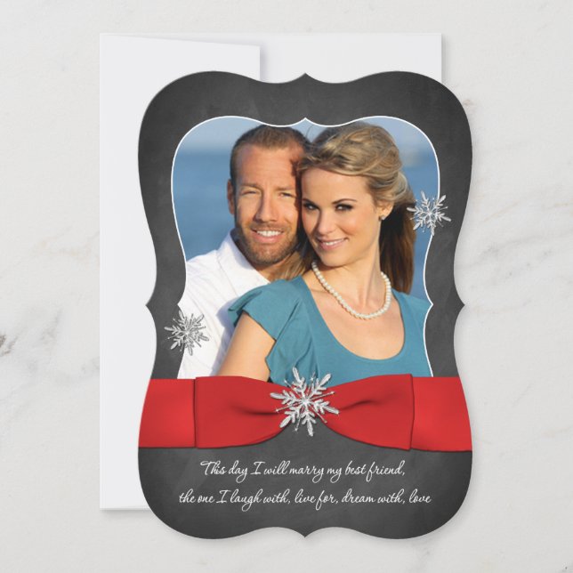 Convite Casamento Chalkboard | Vermelho, Flocos de Neve Pr (Frente)