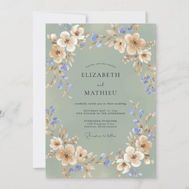 Convite Casamento Champagne Blush Peônia Periwinkle (Frente)