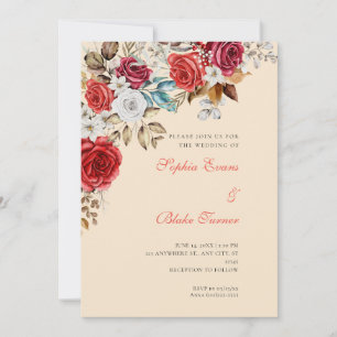 Convite Casamento Champagne com Rosas Vermelhas e Brancas 