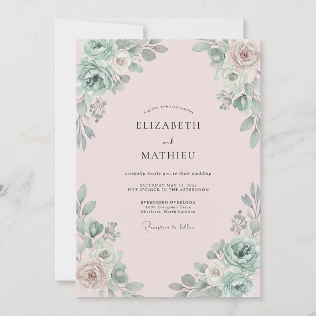 Convite Casamento Champanhe com Folhagem de Sage Eucalipto (Frente)