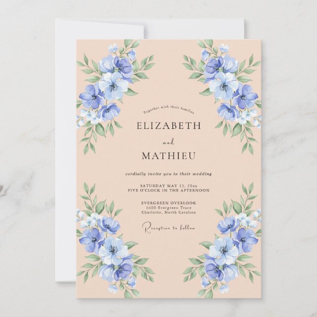 Convite Casamento Champanhe Flor de Centáurea Costeira (Frente)