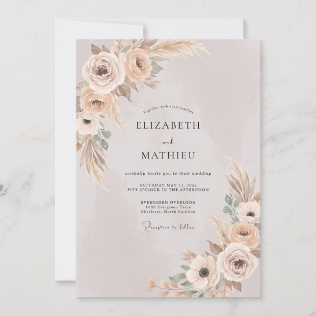 Convite Casamento Champanhe Folhagem Pampas Eucalipto (Frente)