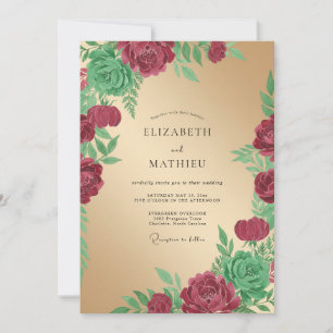 Convite Casamento Champanhe Folhas Carmesim