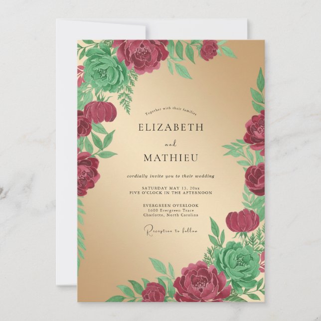 Convite Casamento Champanhe Folhas Carmesim (Frente)