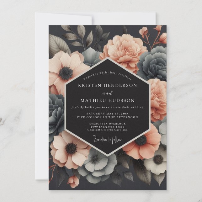Convite Casamento Charcoal & Coral Muted Bloom (Frente)