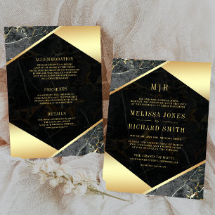 Convite Casamento Charcoal Gold Mármore Monograma Tudo em