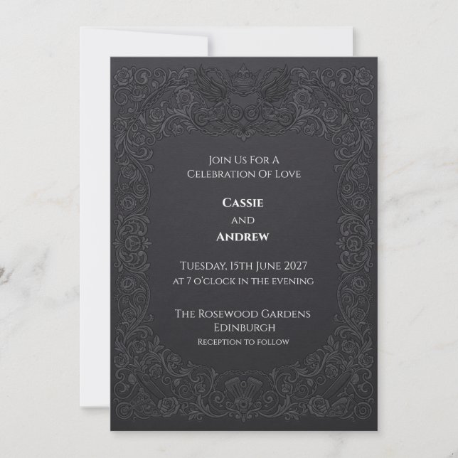 Convite Casamento Charcoal Gothic Rosa Corvo (Frente)